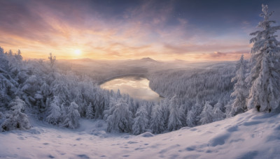 outdoors, sky, cloud, tree, no humans, star (sky), nature, scenery, snow, forest, sunset, mountain, sun, winter, landscape, sunrise