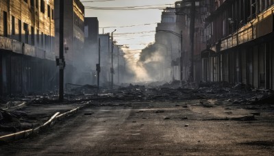 outdoors,sky,day,cloud,no humans,building,scenery,smoke,city,road,cityscape,ruins,power lines,lamppost,street,utility pole,fog,window,cloudy sky