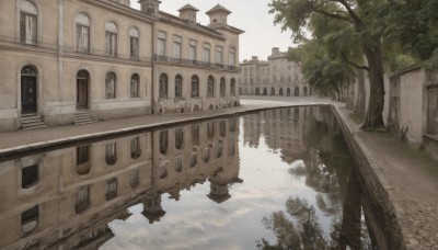 outdoors,sky,day,cloud,water,tree,no humans,window,building,scenery,reflection,road,architecture,house,bridge,river,reflective water,bush,tower,arch