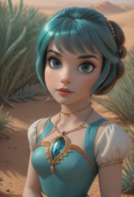 1girl,solo,breasts,looking at viewer,short hair,bangs,blue eyes,hair ornament,dress,jewelry,green eyes,blue hair,collarbone,upper body,short sleeves,earrings,small breasts,outdoors,parted lips,teeth,day,puffy sleeves,artist name,necklace,hair bun,blurry,aqua eyes,puffy short sleeves,lips,eyelashes,aqua hair,makeup,depth of field,blurry background,blue dress,swept bangs,watermark,single hair bun,grass,brooch,gem,web address,pendant,eyeshadow,freckles,gold trim,mountain,realistic,nose,mascara,desert,green gemstone,aqua dress,green hair,tree,alternate hairstyle,red lips