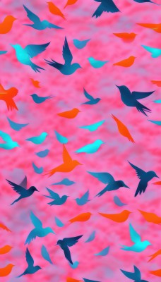 blurry,no humans,bird,animal,from above,scenery,flying,animal focus,too many,flock,outdoors,sky,petals,depth of field,pink background,nature,silhouette