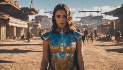 1girl,solo,long hair,breasts,looking at viewer,brown hair,black hair,brown eyes,closed mouth,upper body,outdoors,sky,sleeveless,solo focus,day,dark skin,armor,blurry,dark-skinned female,blue sky,lips,blurry background,shoulder armor,pauldrons,breastplate,realistic,nose,mole,depth of field,sand,desert,army