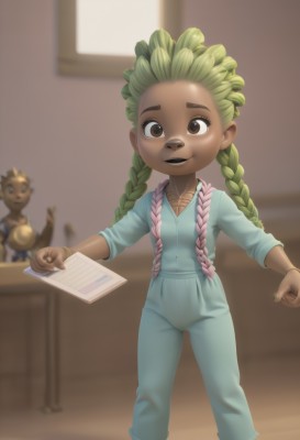 1girl,long hair,looking at viewer,smile,open mouth,multiple girls,holding,2girls,brown eyes,braid,green hair,solo focus,indoors,dark skin,blurry,twin braids,dark-skinned female,depth of field,blurry background,child,female child,overalls,solo,bangs,shirt,1boy,twintails,collarbone,pink hair,multicolored hair,teeth,pants,gradient hair,bandaid,paper,dreadlocks