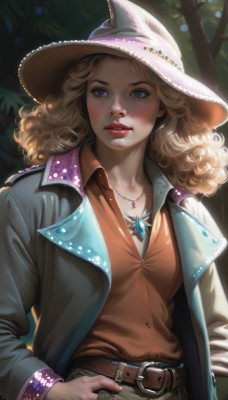 1girl,solo,long hair,breasts,looking at viewer,blue eyes,blonde hair,shirt,long sleeves,hat,jewelry,medium breasts,jacket,upper body,outdoors,parted lips,open clothes,day,collared shirt,belt,pants,necklace,nail polish,open jacket,tree,lips,coat,hand on hip,eyelashes,makeup,witch hat,buttons,white headwear,wavy hair,lipstick,nature,buckle,pendant,forest,freckles,curly hair,open coat,belt buckle,realistic,nose,unbuttoned,red lips,witch,brown belt,brown shirt,orange shirt,popped collar,blush,vest,gem,hands in pockets