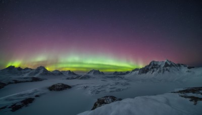 outdoors,sky,no humans,night,star (sky),night sky,scenery,starry sky,mountain,landscape,mountainous horizon,lake,aurora,water,snow,rock,winter