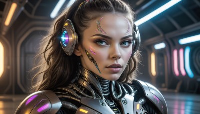 HQ,1girl,solo,long hair,looking at viewer,blue eyes,brown hair,hair ornament,brown eyes,green eyes,upper body,parted lips,teeth,hairclip,armor,blurry,lips,bodysuit,makeup,blurry background,headgear,headphones,facial mark,portrait,forehead,headset,science fiction,realistic,nose,cyborg,hair pulled back,power armor,cyberpunk,black hair,ponytail,dark skin,dark-skinned female,eyelashes,wavy hair,close-up,facepaint