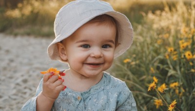 solo,looking at viewer,smile,brown hair,shirt,1boy,hat,holding,upper body,flower,male focus,outdoors,parted lips,day,blurry,black eyes,depth of field,blurry background,white headwear,blue shirt,child,realistic,yellow flower,holding flower,male child,field,flower field,1girl,short hair,open mouth,brown eyes,hand up,portrait,old woman