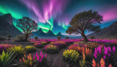 flower, outdoors, sky, tree, no humans, night, grass, star (sky), night sky, scenery, starry sky, mountain, yellow flower, aurora, milky way