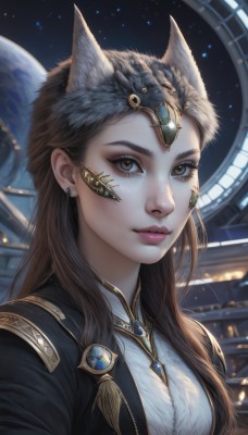 1girl,solo,long hair,looking at viewer,brown hair,animal ears,brown eyes,jewelry,closed mouth,jacket,upper body,earrings,artist name,necklace,lips,black jacket,fox ears,eyelashes,brooch,gem,portrait,star (sky),freckles,realistic,nose,space,planet,black hair,signature,makeup,facial mark,wolf ears,feathers,extra ears,headpiece