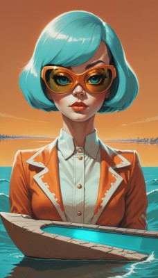 1girl,solo,breasts,looking at viewer,short hair,bangs,blue eyes,shirt,medium breasts,closed mouth,blue hair,jacket,white shirt,upper body,outdoors,sky,collared shirt,artist name,water,lips,eyelashes,aqua hair,makeup,swept bangs,ocean,sunglasses,bob cut,lipstick,eyeshadow,partially submerged,sunset,nose,red lips,watercraft,tinted eyewear,boat,dress shirt,mask,ship