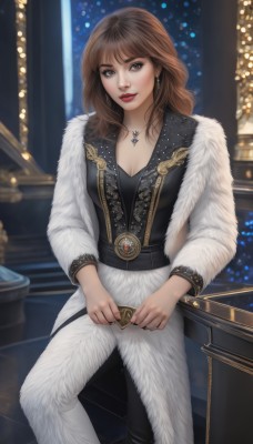 1girl,solo,long hair,breasts,looking at viewer,smile,bangs,brown hair,holding,cleavage,brown eyes,jewelry,medium breasts,weapon,earrings,belt,pants,necklace,blurry,lips,coat,fur trim,makeup,blurry background,lipstick,stairs,realistic,white pants,red lips,fur coat,long sleeves,standing,indoors,watermark