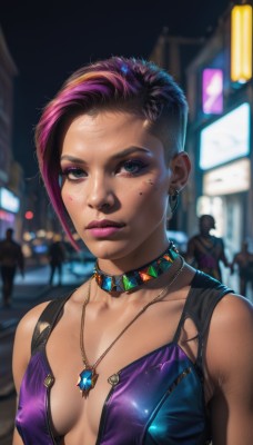 1girl,breasts,looking at viewer,short hair,blue eyes,brown hair,black hair,cleavage,bare shoulders,jewelry,medium breasts,green eyes,collarbone,upper body,pink hair,purple hair,multicolored hair,earrings,small breasts,parted lips,multiple boys,sleeveless,solo focus,choker,dark skin,necklace,mole,blurry,collar,covered nipples,two-tone hair,dark-skinned female,lips,eyelashes,no bra,makeup,blurry background,facial mark,piercing,lipstick,ear piercing,breasts apart,pendant,eyeshadow,freckles,asymmetrical hair,realistic,nose,eyeliner,very short hair,undercut,purple lips,crowd,mascara,cyberpunk,eyebrow piercing,solo,dress,outdoors,shiny,vest,streaked hair,shiny skin,torn clothes,night,sleeveless dress,depth of field,shiny clothes,hoop earrings,pink lips,facepaint