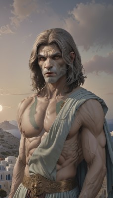 solo,looking at viewer,brown hair,1boy,brown eyes,closed mouth,nipples,upper body,grey hair,male focus,outdoors,sky,cloud,medium hair,cape,muscular,facial hair,scar,abs,pectorals,muscular male,building,bara,beard,large pectorals,veins,topless male,mountain,mature male,realistic,sun,manly,bare pectorals,chest hair,black hair,yellow eyes,tattoo,cloudy sky,scar on face,sunset,scar across eye,scar on chest,sunrise