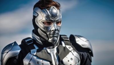 solo,brown hair,1boy,brown eyes,upper body,male focus,armor,blurry,looking to the side,mask,blurry background,helmet,science fiction,realistic,cyborg,power armor,looking at viewer,bodysuit,sunglasses,portrait,tinted eyewear