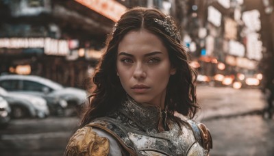 1girl,solo,long hair,looking at viewer,brown hair,black hair,hair ornament,brown eyes,upper body,outdoors,dark skin,armor,blurry,dark-skinned female,lips,depth of field,blurry background,ground vehicle,shoulder armor,portrait,motor vehicle,freckles,curly hair,pauldrons,breastplate,realistic,nose,car,jewelry,close-up,backlighting