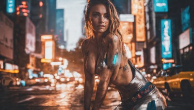 1girl,solo,long hair,breasts,looking at viewer,blonde hair,brown hair,cleavage,brown eyes,medium breasts,swimsuit,bikini,outdoors,parted lips,belt,pants,dark skin,blurry,dark-skinned female,lips,wet,tattoo,leaning forward,depth of field,blurry background,topless,denim,ground vehicle,bikini top only,motor vehicle,science fiction,jeans,city,realistic,nose,car,road,dirty,street,cyberpunk,shorts,night,building,messy hair,cyborg