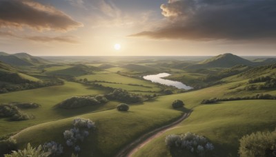 flower,outdoors,sky,cloud,water,tree,no humans,sunlight,cloudy sky,grass,nature,scenery,sunset,rock,mountain,sun,horizon,road,field,river,landscape,mountainous horizon,hill,day,forest,path