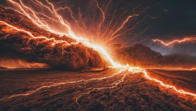 outdoors,sky,cloud,water,dutch angle,no humans,glowing,ocean,beach,cloudy sky,fire,scenery,mountain,fantasy,sand,horizon,electricity,waves,lightning,molten rock,sunlight,sunset,sun,dark,landscape,orange theme