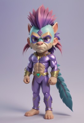 solo,looking at viewer,simple background,1boy,navel,animal ears,jewelry,closed mouth,standing,purple eyes,tail,full body,purple hair,male focus,earrings,barefoot,pants,grey background,crop top,mask,muscular,abs,feathers,pectorals,muscular male,furry,clenched hands,furry male,tight,red hair,multicolored hair,artist name,bracelet,bodysuit,spiked hair,skin tight,topless male,bracer,animal nose,mohawk