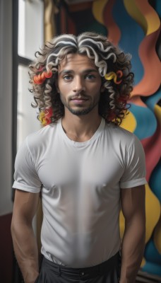 solo,looking at viewer,smile,blue eyes,brown hair,shirt,black hair,1boy,white shirt,white hair,short sleeves,male focus,multicolored hair,cowboy shot,pants,dark skin,blurry,covered nipples,two-tone hair,lips,see-through,blurry background,facial hair,black pants,dark-skinned male,t-shirt,messy hair,beard,curly hair,realistic,nose,hands in pockets,chest hair,arm hair,afro,closed mouth,standing,upper body,artist name,hand in pocket,stubble