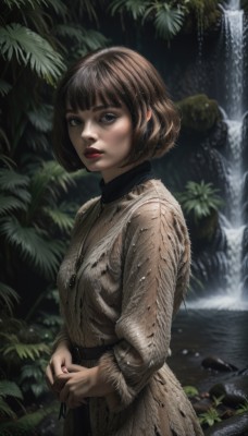 1girl,solo,looking at viewer,short hair,bangs,blue eyes,skirt,brown hair,long sleeves,dress,jewelry,closed mouth,standing,cowboy shot,outdoors,parted lips,water,necklace,blurry,from side,tree,lips,makeup,bob cut,own hands together,plant,lipstick,nature,realistic,nose,red lips,waterfall,breasts,belt,leaf,ring