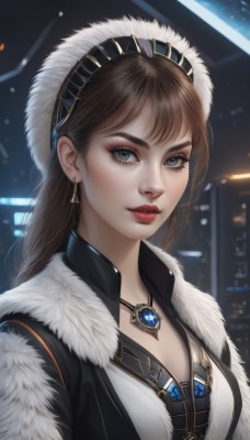 1girl,solo,long hair,breasts,looking at viewer,bangs,blue eyes,brown hair,hat,cleavage,jewelry,medium breasts,jacket,upper body,hairband,earrings,parted lips,necklace,blurry,lips,coat,grey eyes,fur trim,eyelashes,makeup,night,blurry background,lipstick,gem,pendant,freckles,realistic,nose,red lips,green eyes,artist name,thick eyebrows,eyeshadow