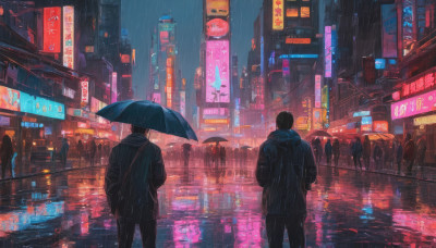 short hair, black hair, holding, jacket, outdoors, multiple boys, bag, from behind, dutch angle, night, umbrella, backpack, building, scenery, reflection, rain, holding umbrella, city, sign, road, street, city lights, cyberpunk, neon lights