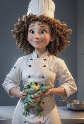 1girl,solo,looking at viewer,smile,brown hair,hat,holding,brown eyes,indoors,dark skin,medium hair,dark-skinned female,lips,buttons,animal,white headwear,freckles,bowl,curly hair,realistic,nose,frog,double-breasted,holding animal,kitchen,chef hat,chef,long hair,blush,long sleeves,closed mouth,standing