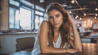 1girl,solo,long hair,breasts,looking at viewer,blue eyes,brown hair,dress,cleavage,jewelry,medium breasts,sitting,upper body,earrings,sleeveless,indoors,dark skin,necklace,white dress,blurry,bracelet,dark-skinned female,lips,depth of field,blurry background,chair,table,tiara,hand in own hair,realistic,nose,bare shoulders,window,tank top,curly hair,bokeh