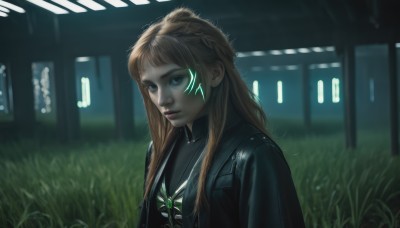 1girl,solo,long hair,looking at viewer,blue eyes,blonde hair,brown hair,jewelry,closed mouth,jacket,upper body,braid,outdoors,necklace,blurry,lips,black jacket,blurry background,glowing,grass,realistic,nose,leather,leather jacket,bangs,facial mark,facepaint