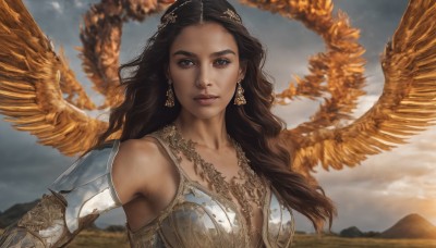 1girl,solo,long hair,breasts,looking at viewer,brown hair,black hair,cleavage,bare shoulders,brown eyes,jewelry,medium breasts,upper body,earrings,outdoors,wings,sky,cloud,dark skin,necklace,armor,dark-skinned female,lips,wavy hair,cloudy sky,feathered wings,mountain,realistic,nose,collarbone,day,angel,gold