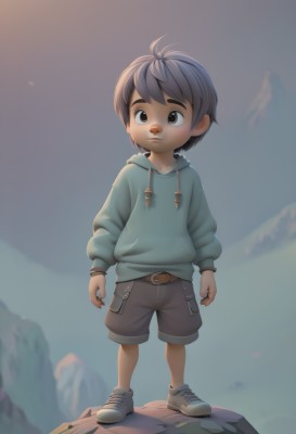 solo,short hair,brown hair,black hair,long sleeves,1boy,brown eyes,closed mouth,standing,full body,male focus,outdoors,sky,shoes,shorts,belt,artist name,hood,hoodie,hood down,sneakers,child,drawstring,male child,brown shorts,blue hoodie,green hoodie,no humans