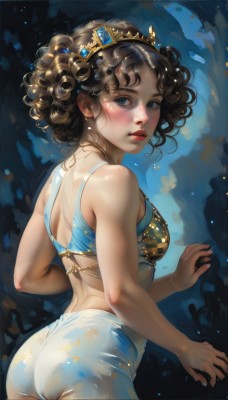 1girl,solo,breasts,looking at viewer,blush,short hair,blue eyes,brown hair,black hair,bare shoulders,jewelry,medium breasts,underwear,standing,swimsuit,ass,bikini,cowboy shot,earrings,parted lips,shorts,midriff,shiny,looking back,artist name,signature,from behind,star (symbol),bra,lips,bare arms,eyelashes,back,tiara,crown,bikini top only,curly hair,realistic,nose,bangs,hairband,dark skin,see-through,watermark,gem,freckles