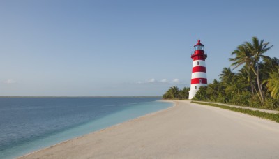 outdoors,sky,day,cloud,water,tree,blue sky,no humans,ocean,beach,grass,building,scenery,sand,palm tree,horizon,bush,tower,shore,lighthouse,traditional media,nature