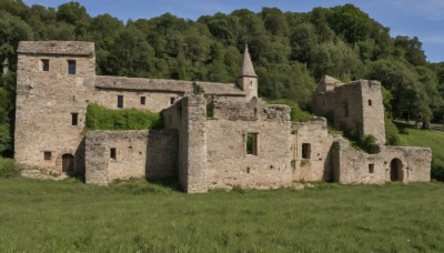 outdoors,sky,day,cloud,tree,blue sky,no humans,window,grass,building,nature,scenery,forest,ruins,house,overgrown,fantasy,bush,wall,castle,church,arch,moss