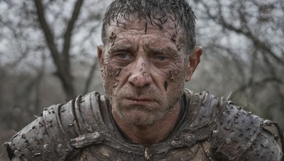 solo,looking at viewer,short hair,blue eyes,black hair,1boy,closed mouth,upper body,male focus,outdoors,armor,blurry,black eyes,tree,blurry background,facial hair,shoulder armor,portrait,pauldrons,breastplate,realistic,bare tree,chainmail,grey eyes,scar,beard,scar on face,close-up,stubble,very short hair