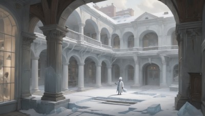 1girl,solo,short hair,long sleeves,1boy,holding,standing,weapon,white hair,male focus,outdoors,sky,day,pants,sword,cloud,indoors,from behind,cape,holding weapon,window,shadow,building,scenery,snow,ice,stairs,door,architecture,ruins,wide shot,pillar,church,arch,gloves,boots,black gloves,scarf,coat,cloudy sky,walking,snowing,white coat