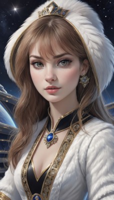 1girl,solo,long hair,breasts,looking at viewer,bangs,brown hair,dress,cleavage,brown eyes,jewelry,medium breasts,closed mouth,green eyes,upper body,earrings,sky,hood,lips,coat,grey eyes,fur trim,eyelashes,makeup,crown,gem,star (sky),starry sky,freckles,realistic,nose,white coat,red lips,blush,parted lips,necklace,night,tiara,night sky