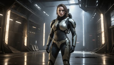 HQ,1girl,solo,long hair,breasts,looking at viewer,brown hair,gloves,brown eyes,medium breasts,standing,indoors,armor,lips,window,bodysuit,reflection,science fiction,realistic,black bodysuit,hallway,pilot suit