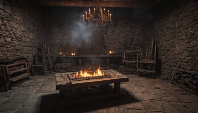 indoors,no humans,chair,table,fire,scenery,smoke,wooden floor,stairs,tiles,candle,wall,tile floor,brick wall,torch,candlestand,stone floor,stone wall,fireplace,brick,brick floor,wooden chair,door,chandelier,crate,wood