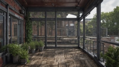 outdoors,sky,day,cloud,tree,no humans,window,sunlight,cloudy sky,plant,building,scenery,wooden floor,stairs,door,railing,potted plant,bench,bush,house,flower pot,indoors