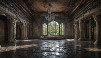 day,indoors,water,tree,no humans,window,sunlight,plant,scenery,reflection,light rays,architecture,sunbeam,ruins,pillar,ceiling,hallway,church,arch,reflective floor,chandelier,overgrown,column,broken window,wooden floor,fantasy,door,tiles,wall,tile floor,broken,statue,floor