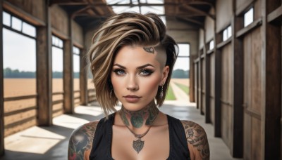 1girl,solo,breasts,looking at viewer,short hair,blue eyes,blonde hair,brown hair,black hair,cleavage,bare shoulders,jewelry,medium breasts,collarbone,upper body,multicolored hair,earrings,outdoors,sleeveless,choker,day,necklace,blurry,lips,grey eyes,eyelashes,tattoo,blurry background,portrait,forehead,asymmetrical hair,realistic,nose,arm tattoo,shoulder tattoo,undercut,makeup,piercing,tank top,lipstick,eyeshadow,eyeliner,mascara