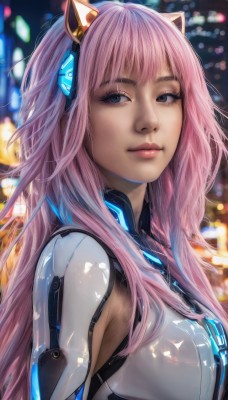 1girl,solo,long hair,breasts,looking at viewer,bangs,blue eyes,animal ears,closed mouth,upper body,pink hair,artist name,cat ears,blurry,lips,looking to the side,bodysuit,blurry background,fake animal ears,headphones,realistic,nose,animal ear headphones,cat ear headphones,medium breasts,shiny,from side,eyelashes,makeup,depth of field,freckles,bokeh