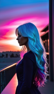 1girl,solo,long hair,breasts,long sleeves,dress,medium breasts,closed mouth,blue hair,upper body,pink hair,multicolored hair,outdoors,sky,blurry,black dress,from side,two-tone hair,lips,gradient hair,profile,makeup,blurry background,blue dress,eyeshadow,sunset,nose,standing,closed eyes,artist name,depth of field,watermark,wavy hair,building,web address,backlighting,railing