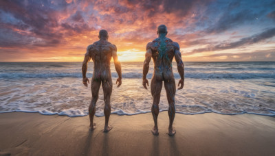 short hair, ass, male focus, nude, outdoors, multiple boys, sky, cloud, 2boys, water, from behind, completely nude, tattoo, muscular, ocean, back, beach, cloudy sky, muscular male, sunset, sand, cyborg, back tattoo