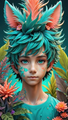 solo,looking at viewer,short hair,bangs,blue eyes,shirt,hair ornament,1boy,animal ears,closed mouth,green eyes,blue hair,collarbone,upper body,flower,male focus,green hair,artist name,hair flower,aqua eyes,lips,gradient,gradient background,eyelashes,aqua hair,leaf,watermark,blue shirt,plant,messy hair,portrait,web address,pink flower,freckles,nose,midoriya izuku,star (sky),realistic,monster boy