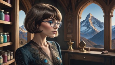 1girl,solo,short hair,bangs,blue eyes,brown hair,jewelry,collarbone,upper body,sky,glasses,day,indoors,lips,window,makeup,glowing,looking away,lipstick,gem,scenery,mountain,nose,round eyewear,black hair,parted lips,book,eyelashes,bob cut,bottle,portrait,lace,realistic,jar,blue-framed eyewear,globe