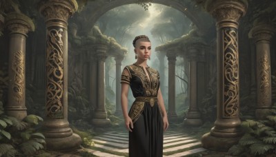 1girl,solo,looking at viewer,short hair,brown hair,black hair,dress,brown eyes,jewelry,closed mouth,standing,earrings,outdoors,sleeveless,necklace,hair bun,black dress,tree,lips,tattoo,sunlight,single hair bun,plant,nature,scenery,armlet,forest,gold trim,hoop earrings,stairs,fantasy,arms at sides,checkered floor,pillar,arch,column,breasts,short sleeves,belt,makeup,leaf,lipstick