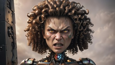 1girl,solo,looking at viewer,open mouth,brown hair,1boy,brown eyes,yellow eyes,male focus,teeth,cloud,dark skin,lips,cloudy sky,clenched teeth,portrait,angry,science fiction,curly hair,realistic,cyborg,cyberpunk,mechanical parts,dreadlocks,short hair,black hair,orange eyes,glowing,messy hair,glowing eyes,close-up,android,damaged